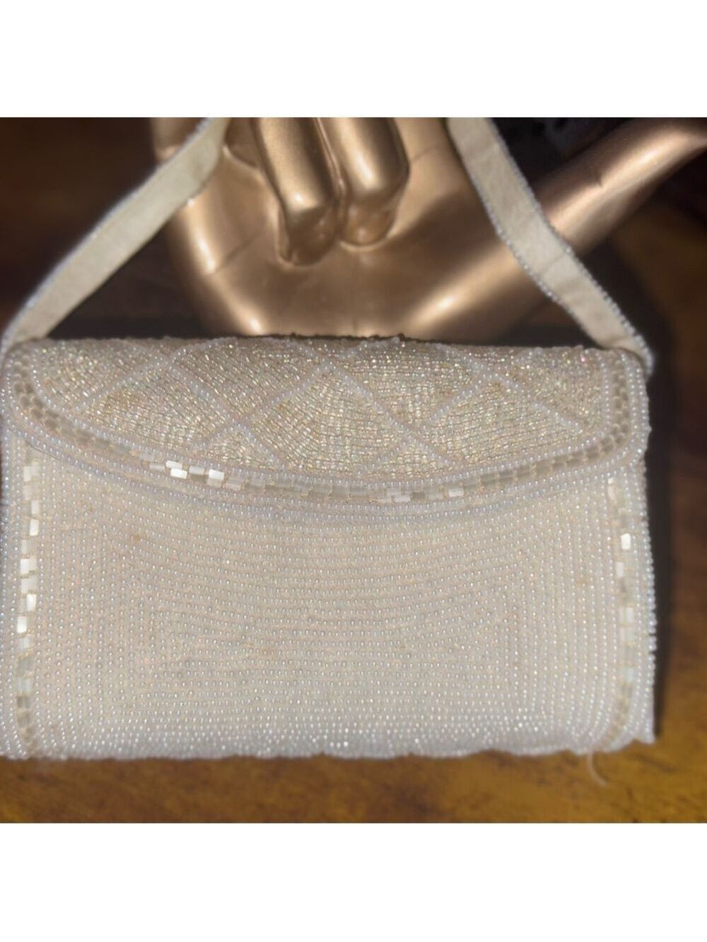 Vintage tiny Beaded purse cream beaded crown snap Vintage Japan - Picture 12 of 15